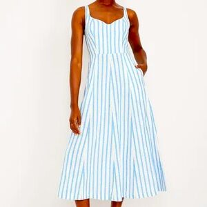 Old Navy Fit & Flare Stripe Linen Blend Midi Dress XS Blue Pockets Vacation